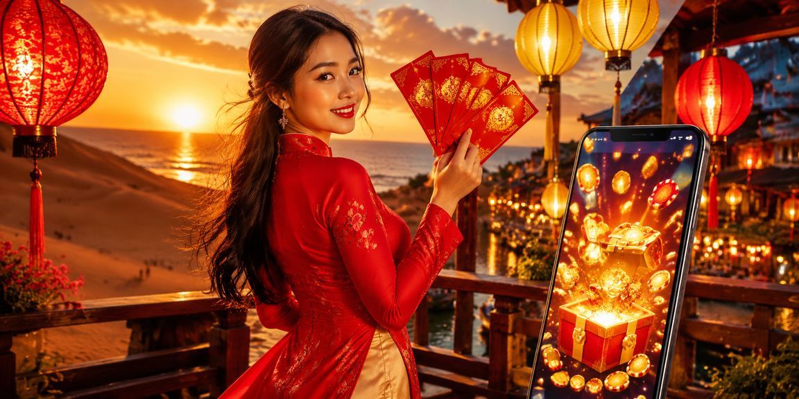 Cảnh lễ hội phong bì đỏ mừng thưởng tại Hội An với trang phục áo dài truyền thống
